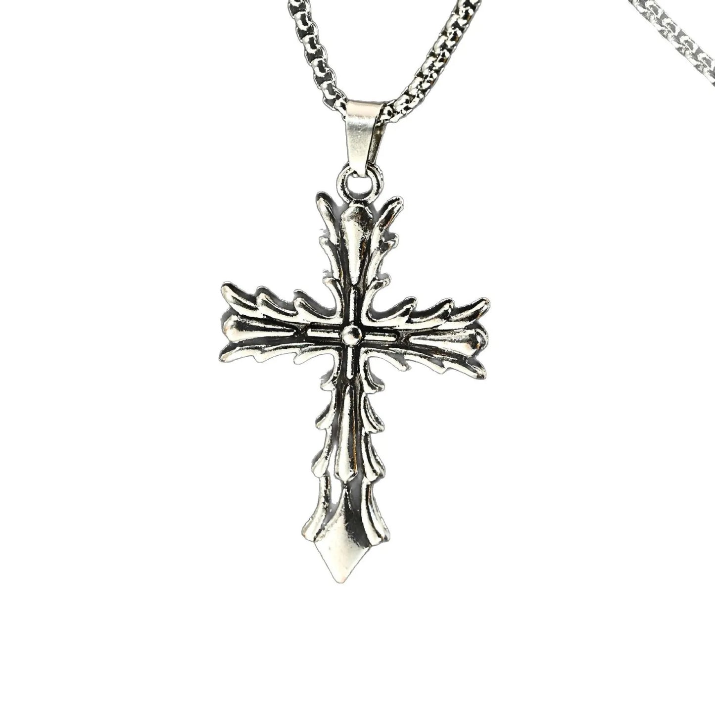 Gothic Vintage Carved Cross Pendant Necklace Set Silver Tone Box Chain Necklaces for Men Women Punk Streetwear