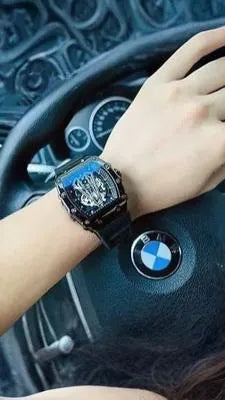 Richard Black Belt Skeleton Watch Black Rubber Strap