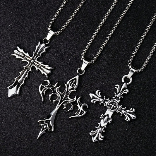 Gothic Vintage Carved Cross Pendant Necklace Set Silver Tone Box Chain Necklaces for Men Women Punk Streetwear