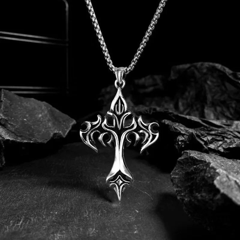 Gothic Vintage Carved Cross Pendant Necklace Set Silver Tone Box Chain Necklaces for Men Women Punk Streetwear
