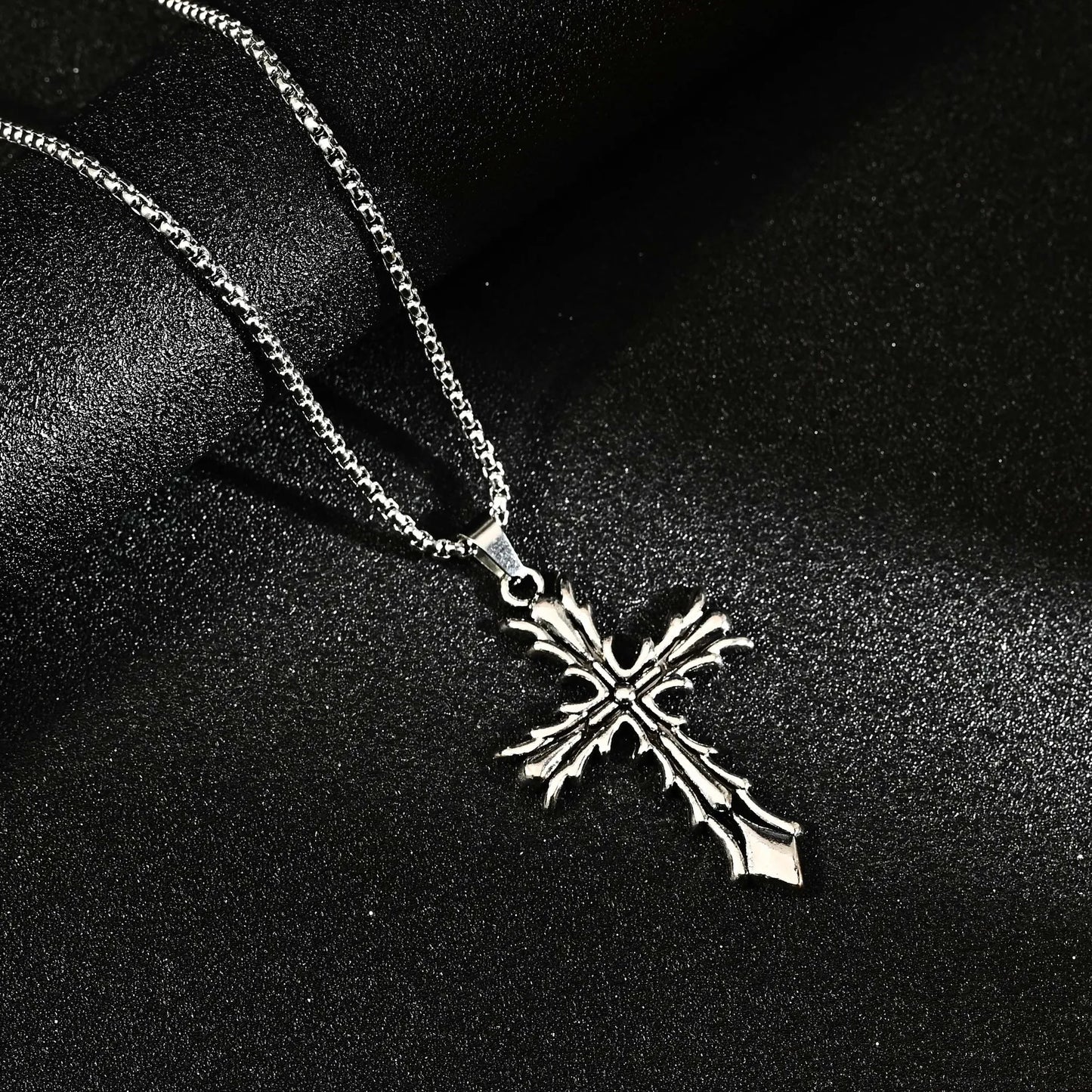 Gothic Vintage Carved Cross Pendant Necklace Set Silver Tone Box Chain Necklaces for Men Women Punk Streetwear