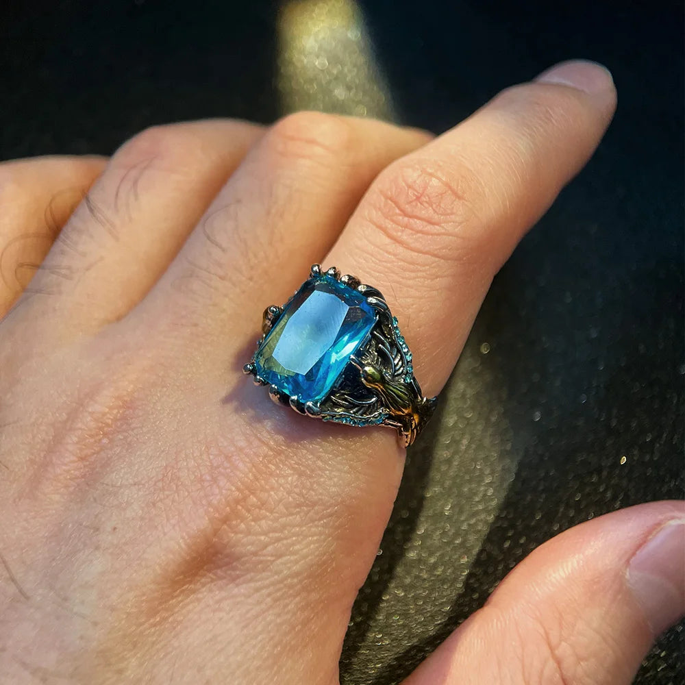 Retro Dragon Claw Golden Eagle Blue Gem Ring for Men & Women Antique Gothic Adjustable Open Ring Alloy Jewelry Lovers Gift