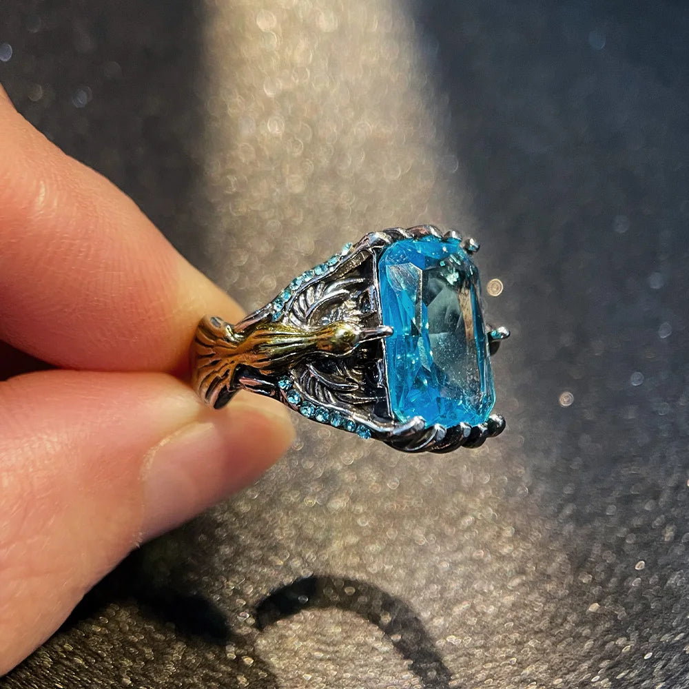 Retro Dragon Claw Golden Eagle Blue Gem Ring for Men & Women Antique Gothic Adjustable Open Ring Alloy Jewelry Lovers Gift