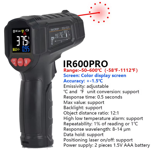 -50 to 800 Degree Mestek Digital Infrared Thermometer Laser Temperature Meter Non-contact Pyrometer Hygrometer