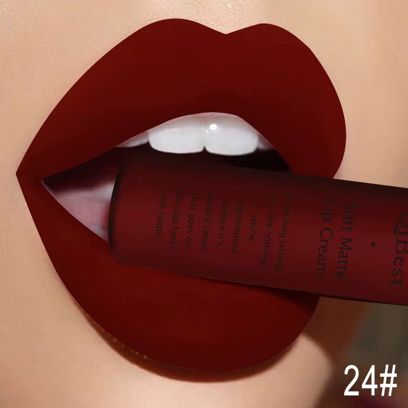 QIBEST Matte Liquid Lipstick Sexy Red Black Nude Lip gloss Waterproof Long Lasting Velvet Lip Gloss Makeup Lip Stain Tint 34Color